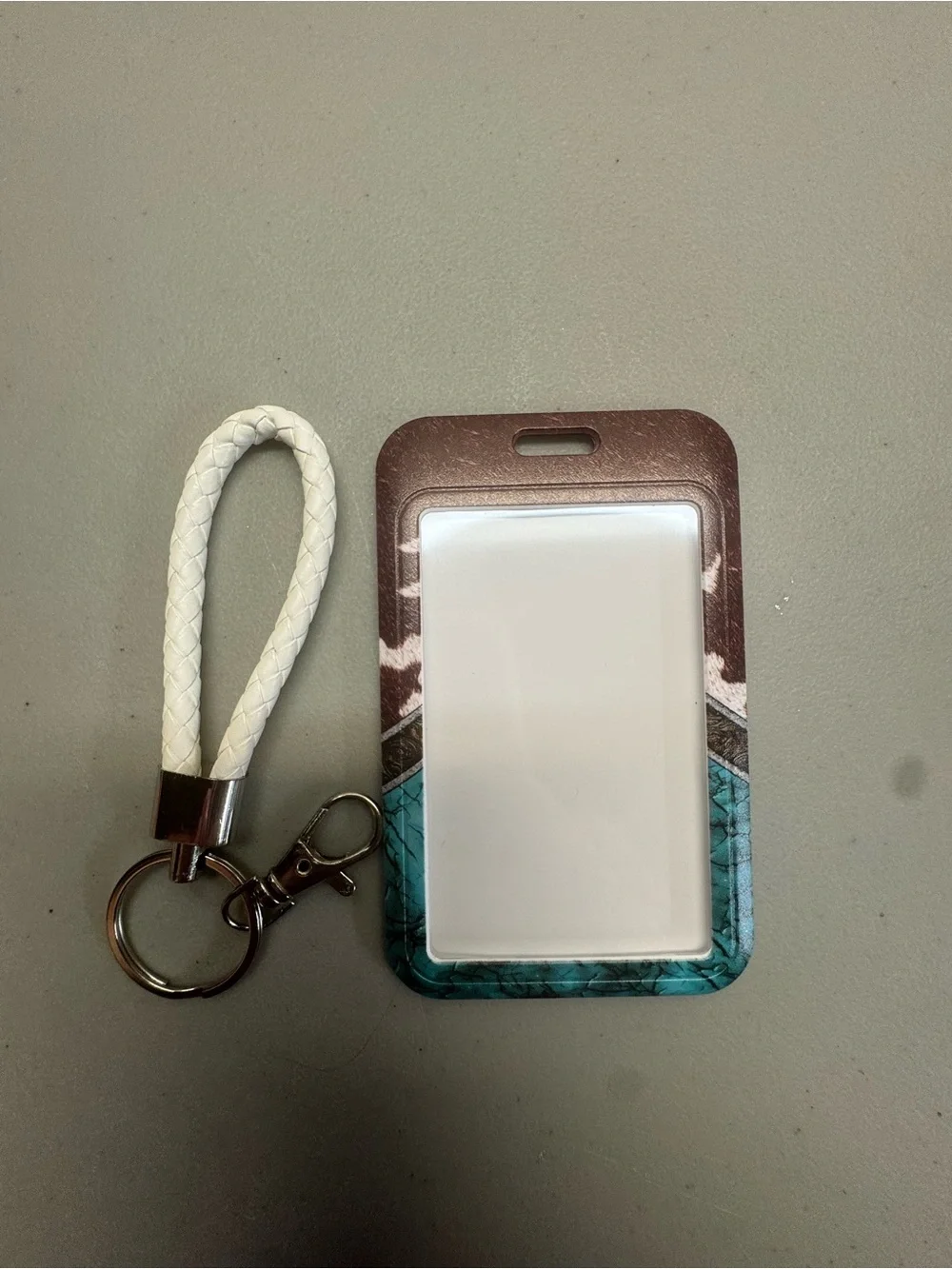 Stylish Teal & Brown ID Badge Holder with White Braided‎ Strap